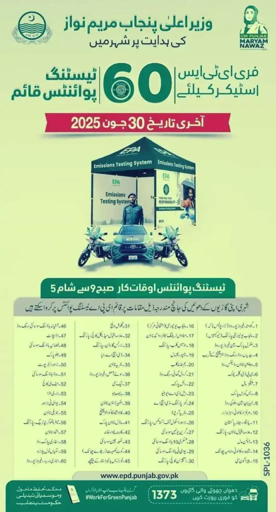 CM Punjab Vehicle Smoke Testing Testing Locations and Timings
