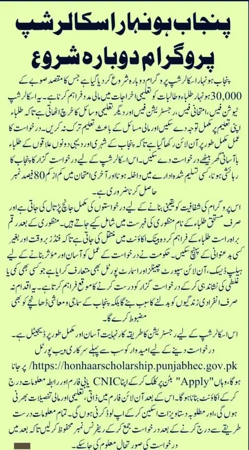 CM Punjab Honhaar Scholarship 2025 Key Features